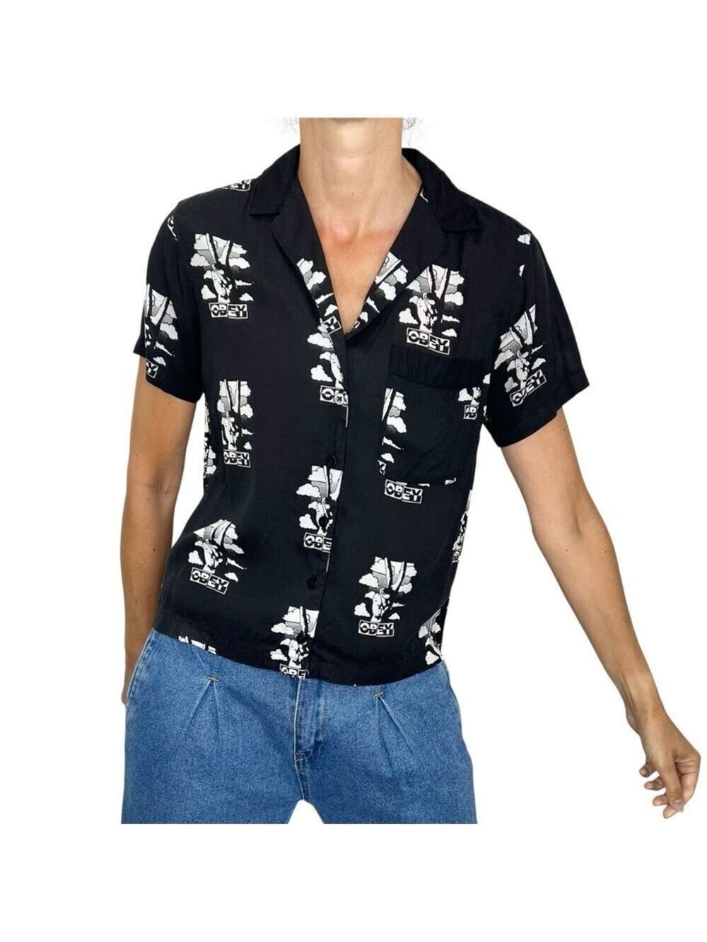 OBEY boxy oversized button up black white peace print bowling shirt S